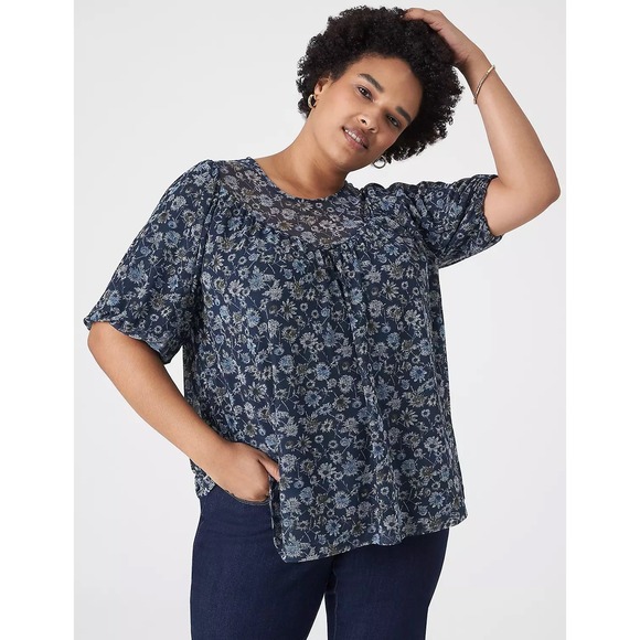 Lane Bryant Swing Puff-Sleeve Crew-Neck Mesh Top Navy 22/24 business Casual Airy - Picture 1 of 16